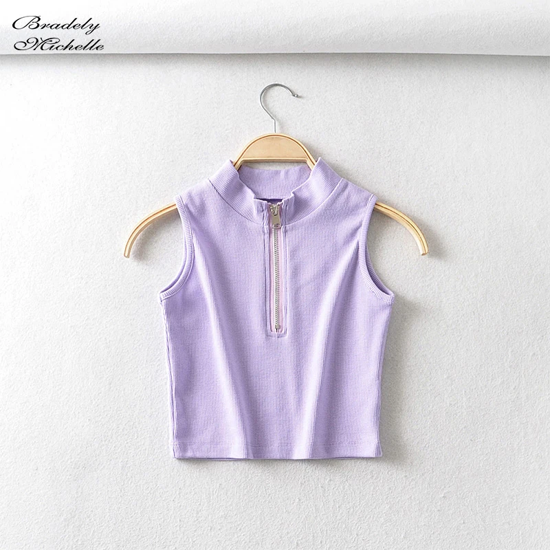 BRADELY MICHELLE summer women sexy solid cotton knit sleeveless bars crop tops high-necked zipper short tanks | Женская одежда