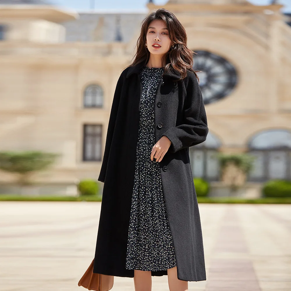 Женское шерстяное пальто теплое длинное Свободное из шерсти альпаки и шелка с
