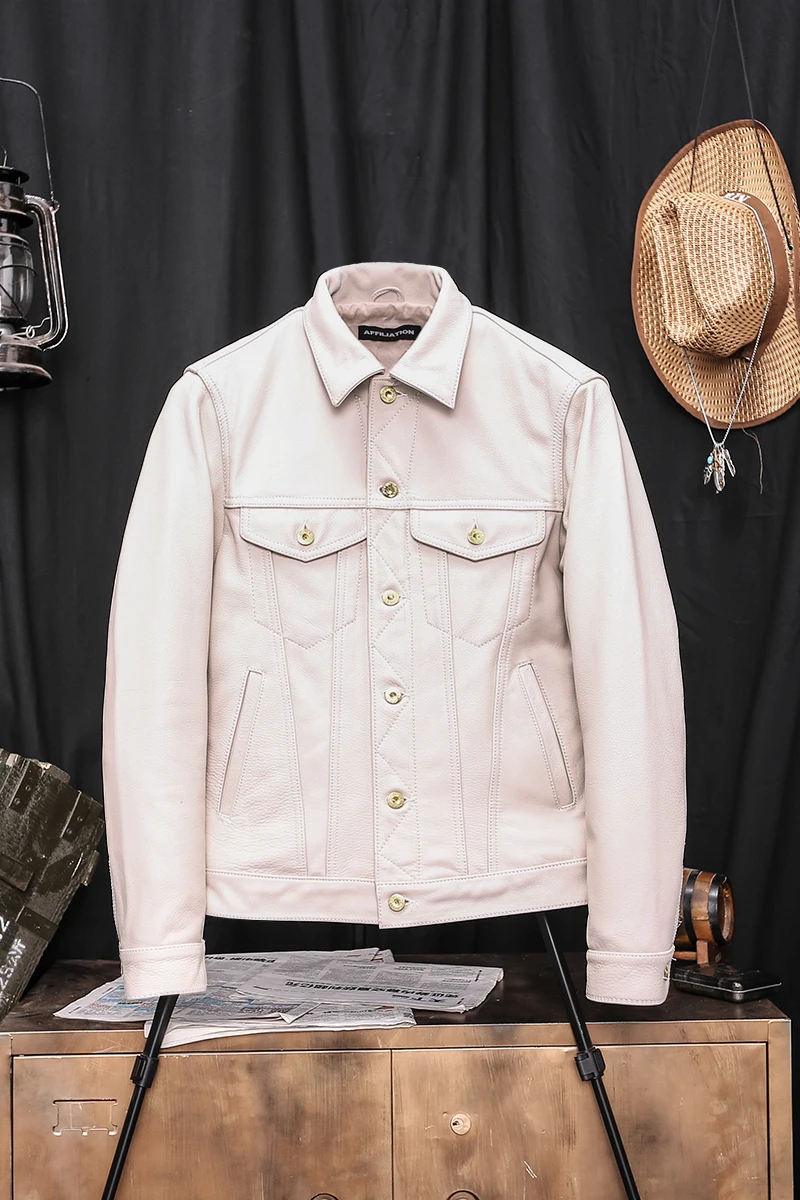 

Autumn lapel LVS three generations 507 leather jacket head layer cowhide motorcycle leather men brief paragraph white coat
