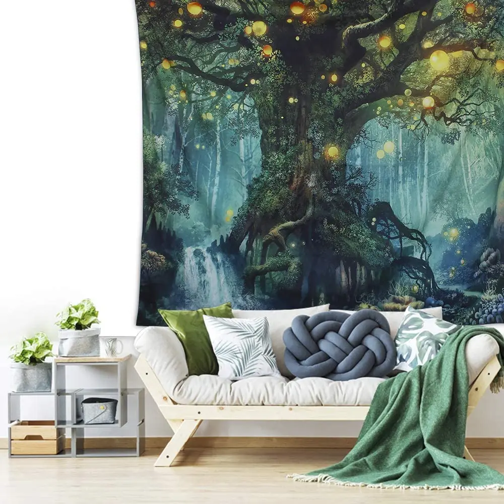

Forest Tapestry Natural Tree Popular Elf Wall Hangings Warm Green Beach Blanket Wall Hanging Decor Decorative Wall Rugs