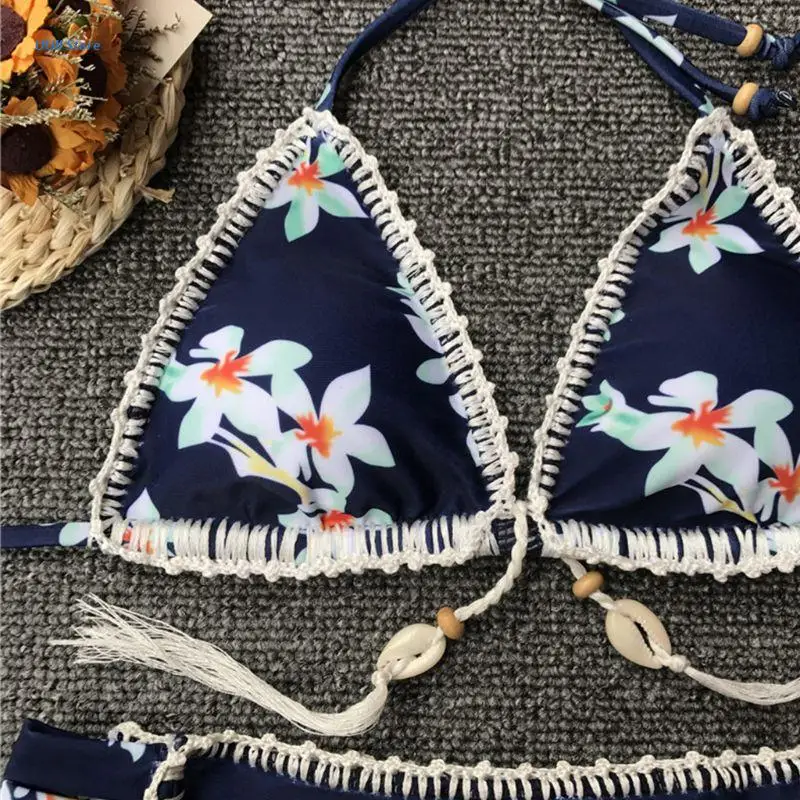 

XX9D Womens Sexy Two Piece Bikini Set Boho Floral Printed Crochet Braided Trim Swimsuit Seashell Beaded Tassels Decor Halter