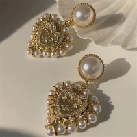 2021 vintage baroque pearl big love heart drop earrings gold color metal geometric for women girls party travel jewelry