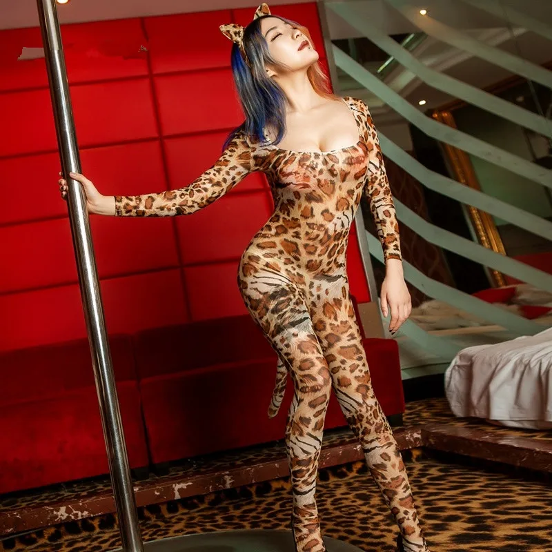 Сексуальные женские леопардовые сетчатые чулки боди с открытой промежностью и