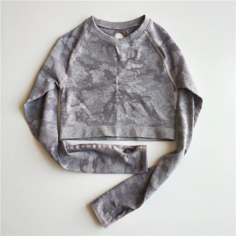 purple crop top Женский бесшовный спортивный костюм для йоги, спортивный комплект с бюстгальтером из 3 предметов, Женская Осенняя спортивная одежда с длинным рукавом, камуфляжный комплект для спортзала, одежда для бега и тренировок - Цвет: purple crop top