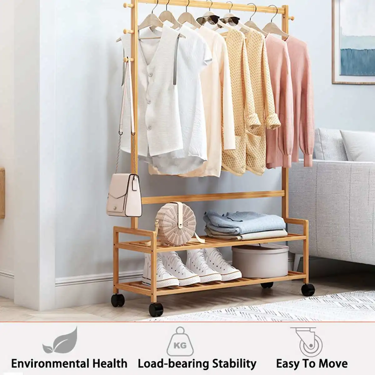 

Removable Coat Rack Bamboo Floor Shelf Stand with Wheels Multifunction Storage Rack Organizer Garment Clothes Home Holder Shelf
