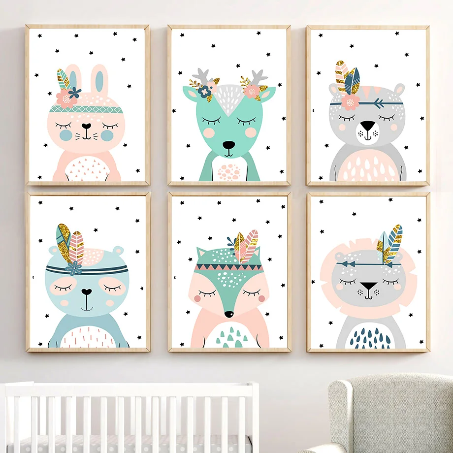 

Flower Feather Lion Fox Bear Animal Wall Art Canvas Painting Nordic Posters And Prints Cartoon Wall Pictures For Kids Room Decor