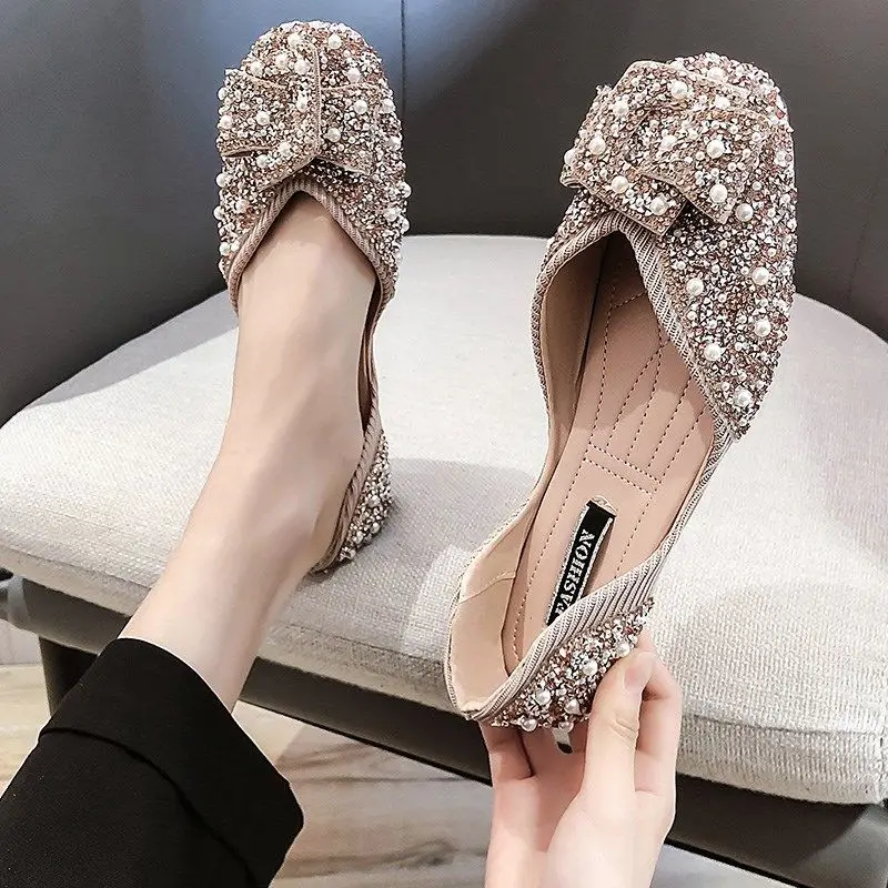 

Size 4.5-10.5 Luxury Brand Ladies Summer Flats Rhinestone Pearl Women Casual Loafers 2021 New Arrival Female Footwear