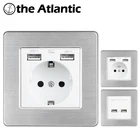 Двойной USB-разъем 5 В, 2,1 А, адаптер для настенного зарядного устройства, стандарт ЕС, Франция, светодиодный индикатор, розетка питания 16 А, панель из нержавеющей стали