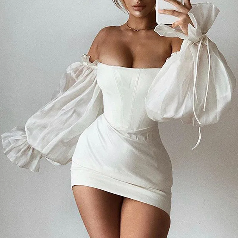 

Mini Dress Women Sexy Slash Neck Long Lantern Sleeve Off The Shoulder Backless Slim High Waist Sheath dresses 2021