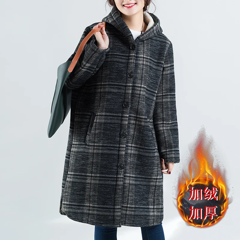 Женское шерстяное пальто с капюшоном зимнее платье большого размера тонкое для
