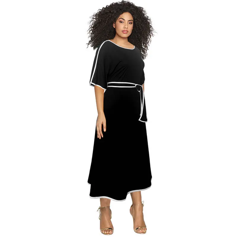 

Модное черное платье с поясом и круглым вырезом длиной до щиколотки, длинные платья, женское вечернее платье 4XL, элегантное женское платье, п...