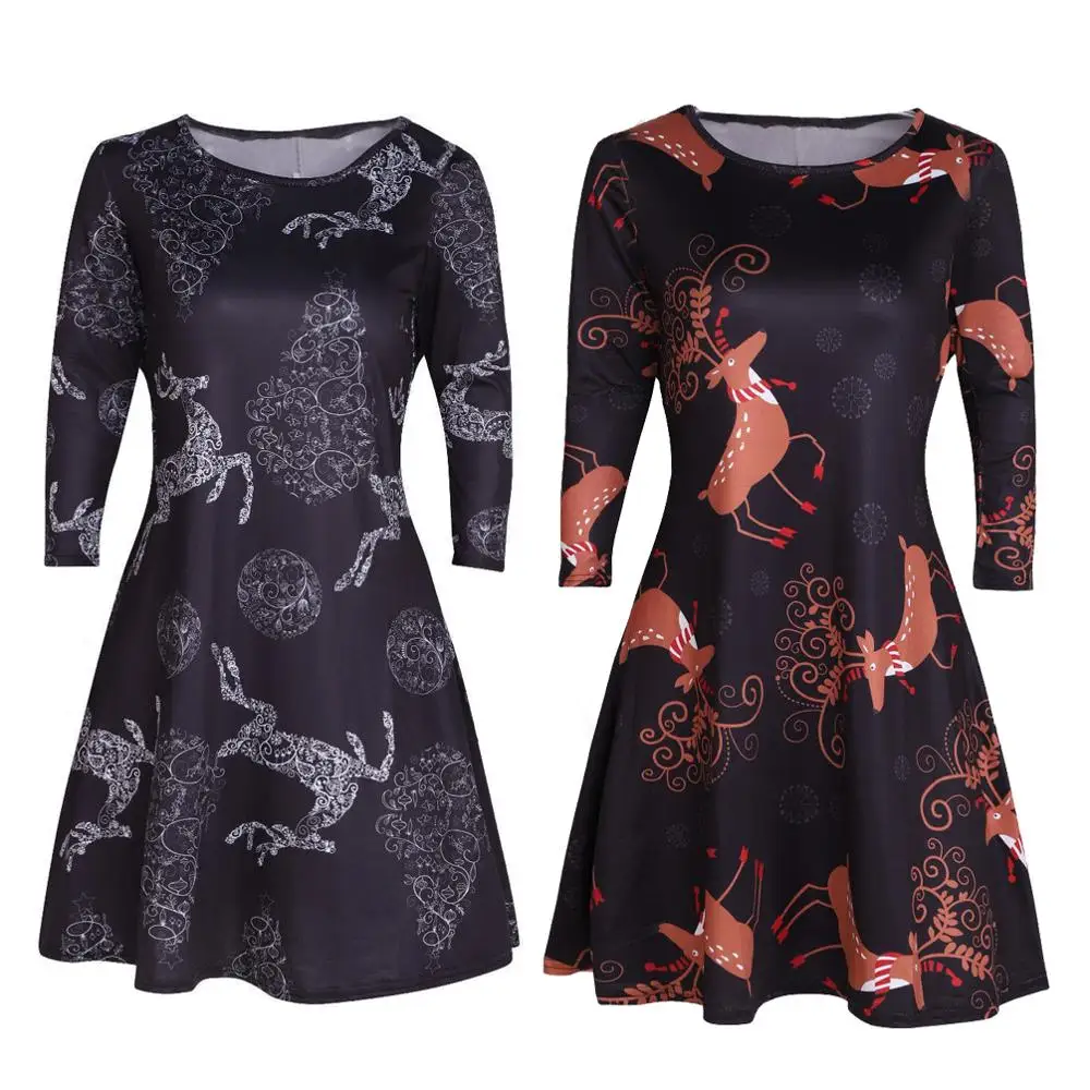 Большой Размеры женское платье с длинным рукавом круглой горловиной рисунком