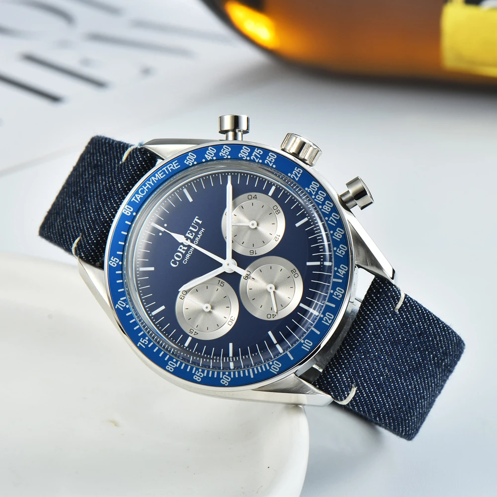 Corgeut 40mm Top Luxury Men's Chronograph Quartz Watch Stainless Steel Belt Luminous Multifunction Watch Blue Surface