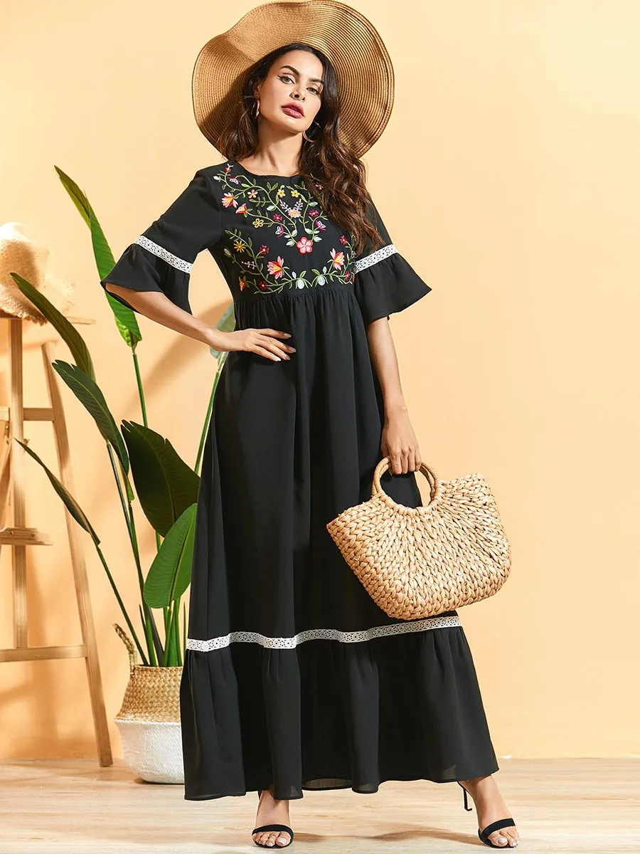 

Black Webbing Summer Splicing Loose Casual Ethnic Dress Short sleev Plus Size Maxi Dress for Women Arabic Muslim Islamic Clothes