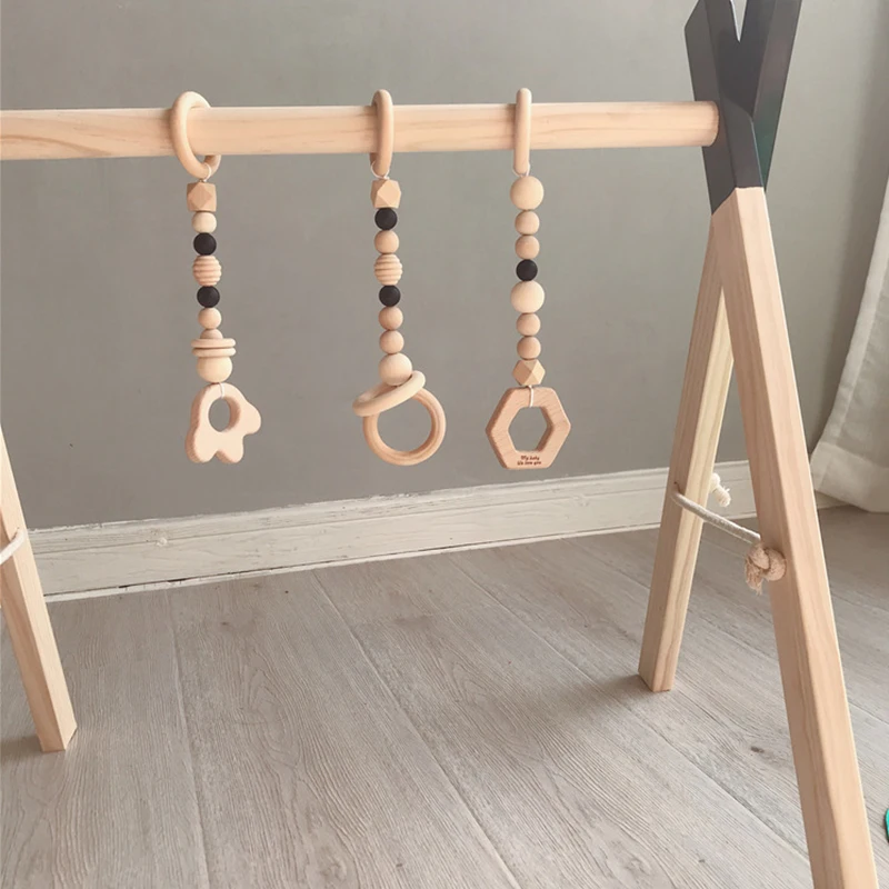 3PCS Nordic Baby Nursery Decor Wooden Gym Hanging Toy Baby Room Gym Toy Wooden Beads Ornaments Nursery Tent Hanging Decoration