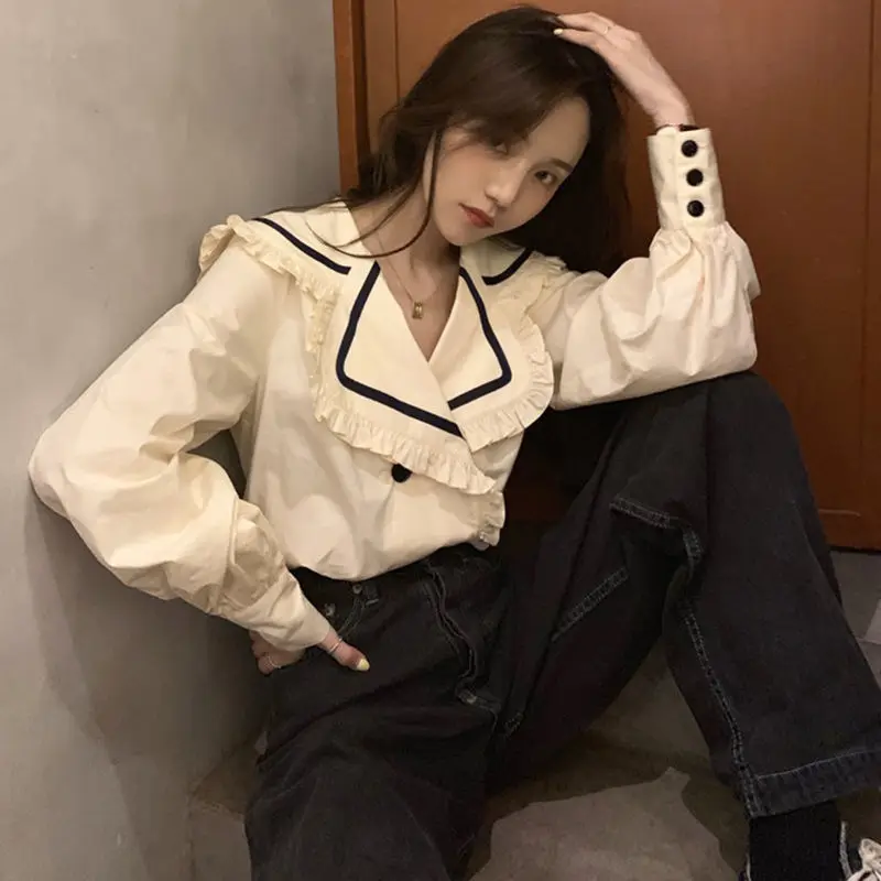 Shirts Women Vintage Patchwork Lantern Sleeve Sailor Collar European Style College Double Breasted Loose Casual Large Size | Женская