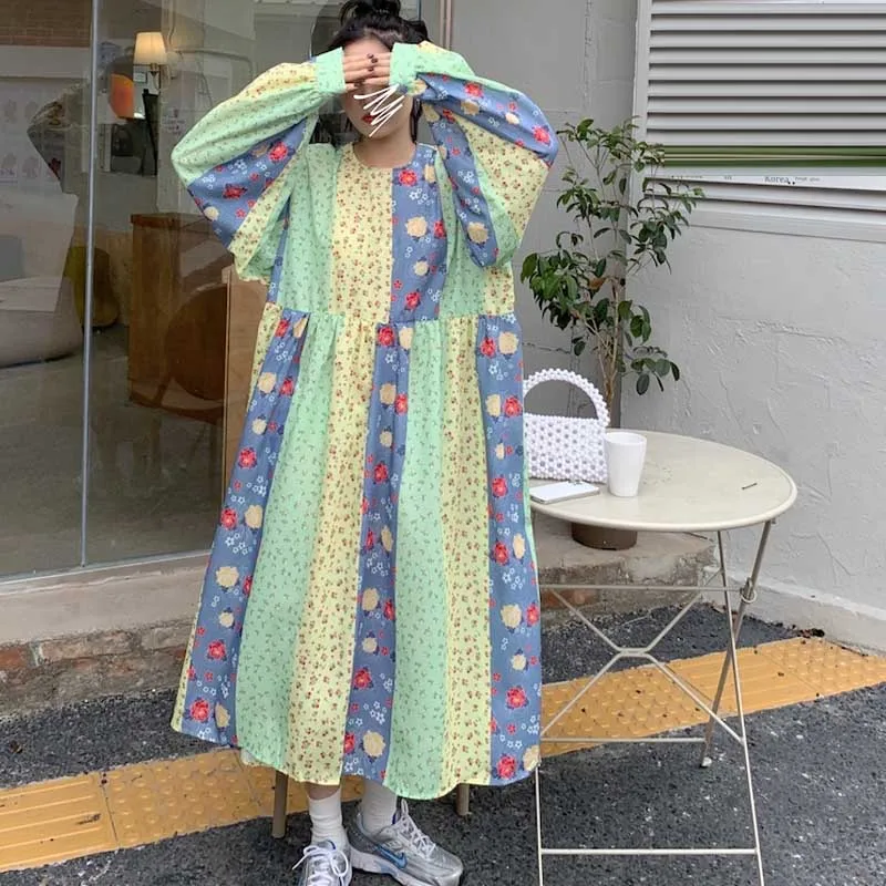 Verano coreano dama Floral empalme camisa vestido de una pieza de una elegante Casual suelto Vestido de manga larga 2021 nueva moda vestidos de las mujeres