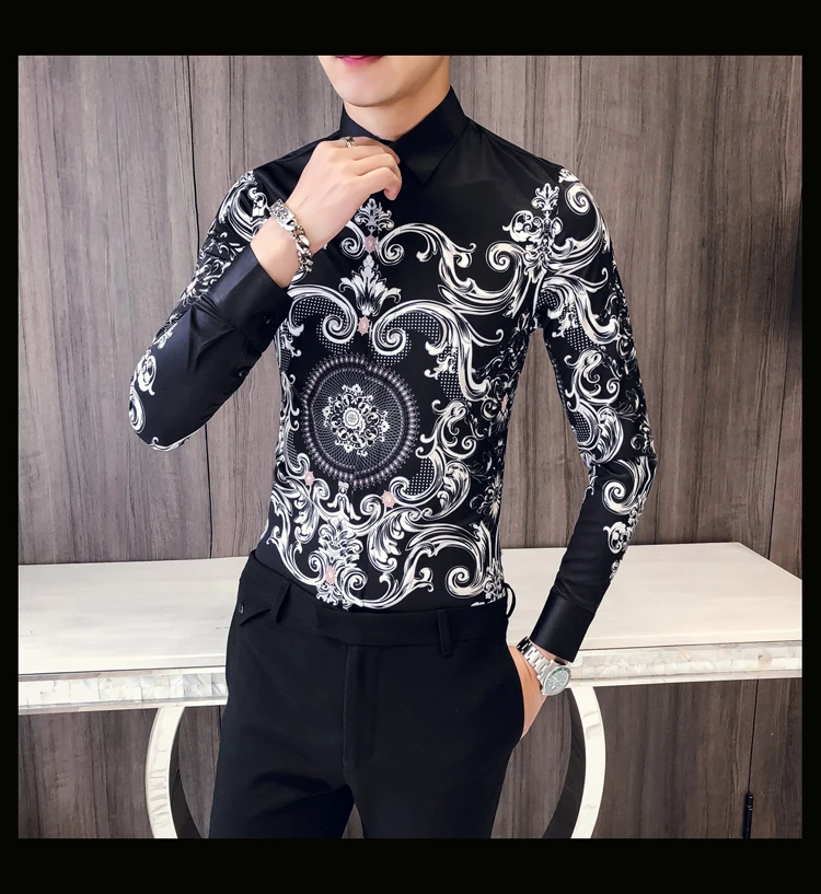 Мужская рубашка с принтом пейсли, Camisa, облегающая мужская деловая рубашка для мужчин, облегающая Корейская одежда, мужская рубашка для выпускного вечера