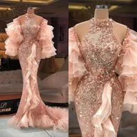pink ruffles 2022 mermaid prom dresses long sleeve lace beaded high neck evening wear second reception gowns