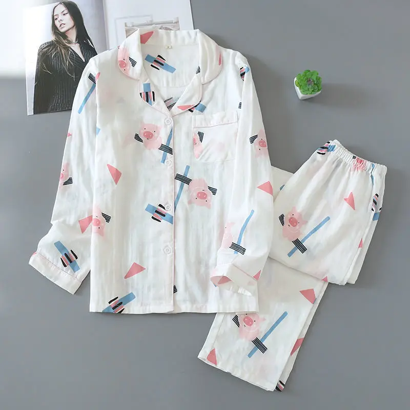 

QWEEK Cotton Nightwear Spring Autumn Suits Kawaii Pajamas Women Cartoon Print Pyjamas 2 Piece Set Pijamas Long Sleeve Sleepwear