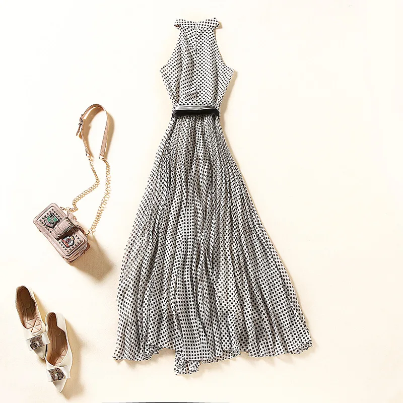 

Sexy Dress Summer Women's Polka Dot Print Halter Stitching Sleeveless Fashion Vintage Big Swing With Belt Irregular Long Dress