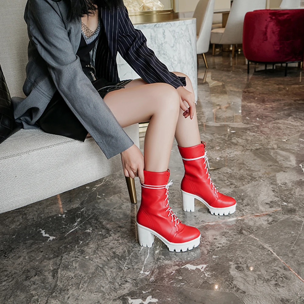 

Solid Pu Leather Boots Woman Lace up Martin Boots Winter Short Ankle Booties Round Toe Thick High Heels Chelsea Botas Size 34-43