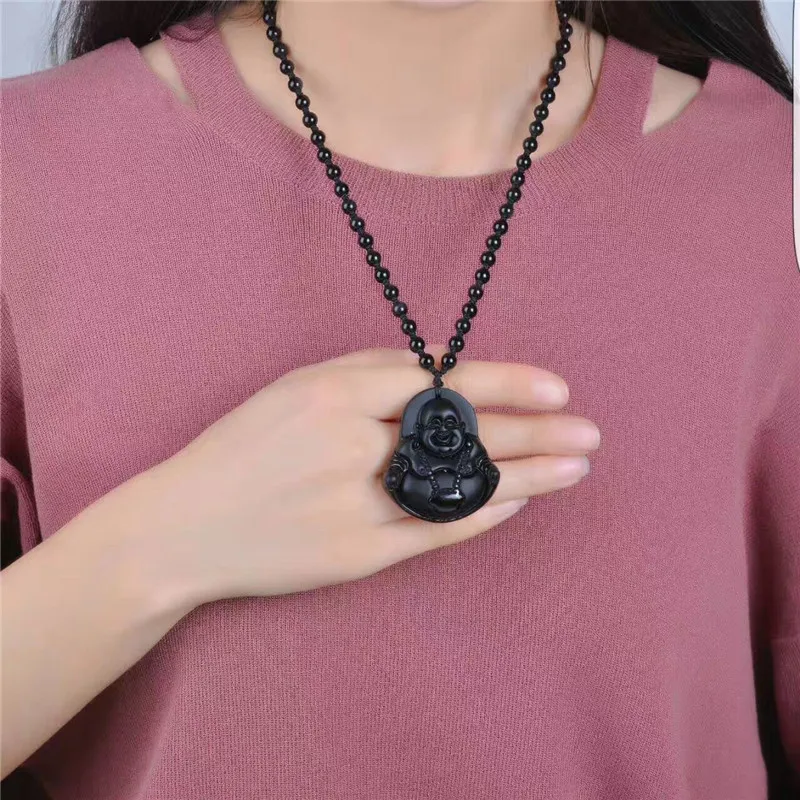 Натуральный черный обсидиан Каменная Резная подвеска Maitreya Смеющийся Будда с