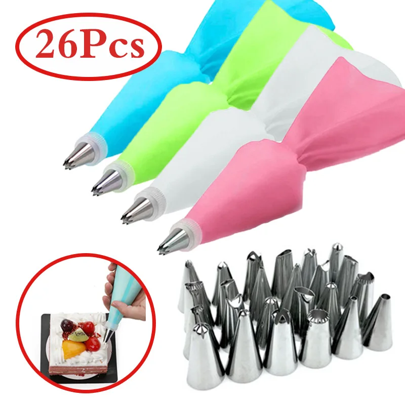 

8/26Pcs/Set Silicone Pastry Bag Tips Kitchen DIY Cake Icing Piping Cream Cake Decorating Tools Reusable Pastry Bags+24 Nozzle