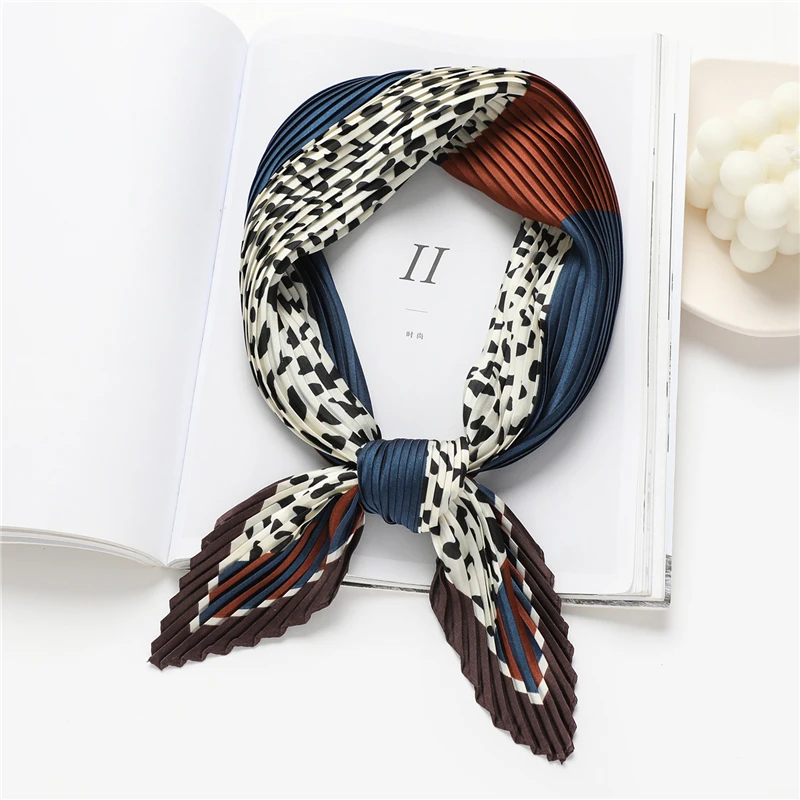 

2021 Elegant Crinkle Square Scarf For Women Satin Silk Shawl Print Foulard Headband Neckerchief Female Hair Wraps Hijab Bandana