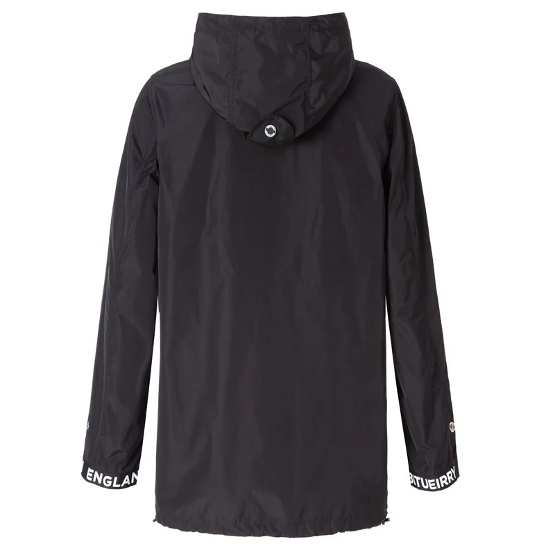 

New European and American fashion black medium trench coat side seam letter sleeve letter