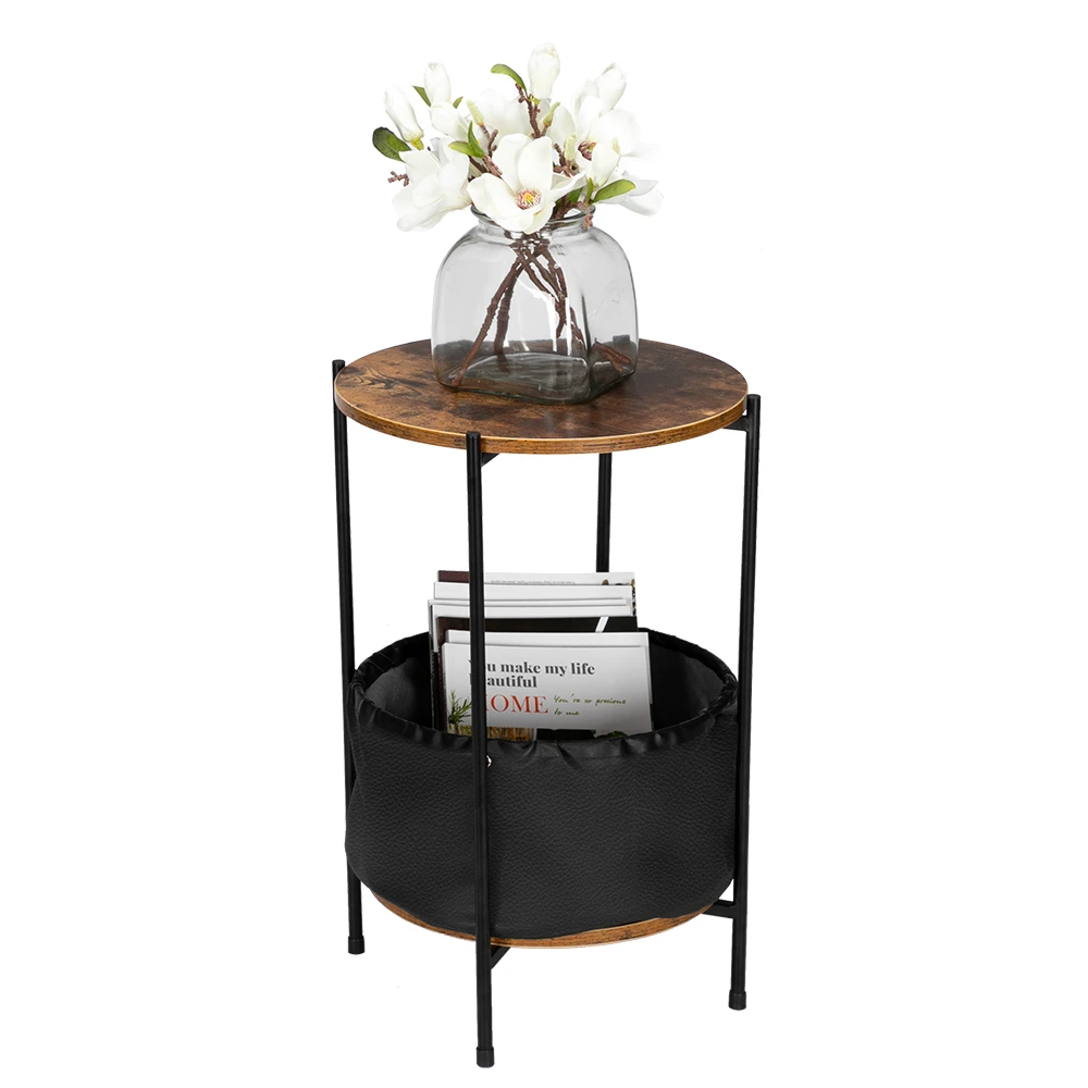 

Log color round table top two layers with artificial leather PVC waterproof cloth book and newspaper bag iron edge