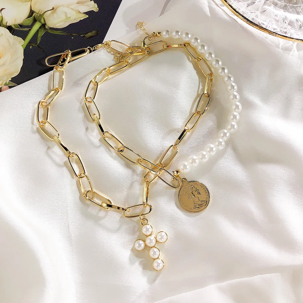 

Fashion Multi-layer Coin Choker Necklace Ins Hip Hop Pearl Cross Jewelry Collar Clavicle Chain Goth Punk Women Jewelry Bijoux