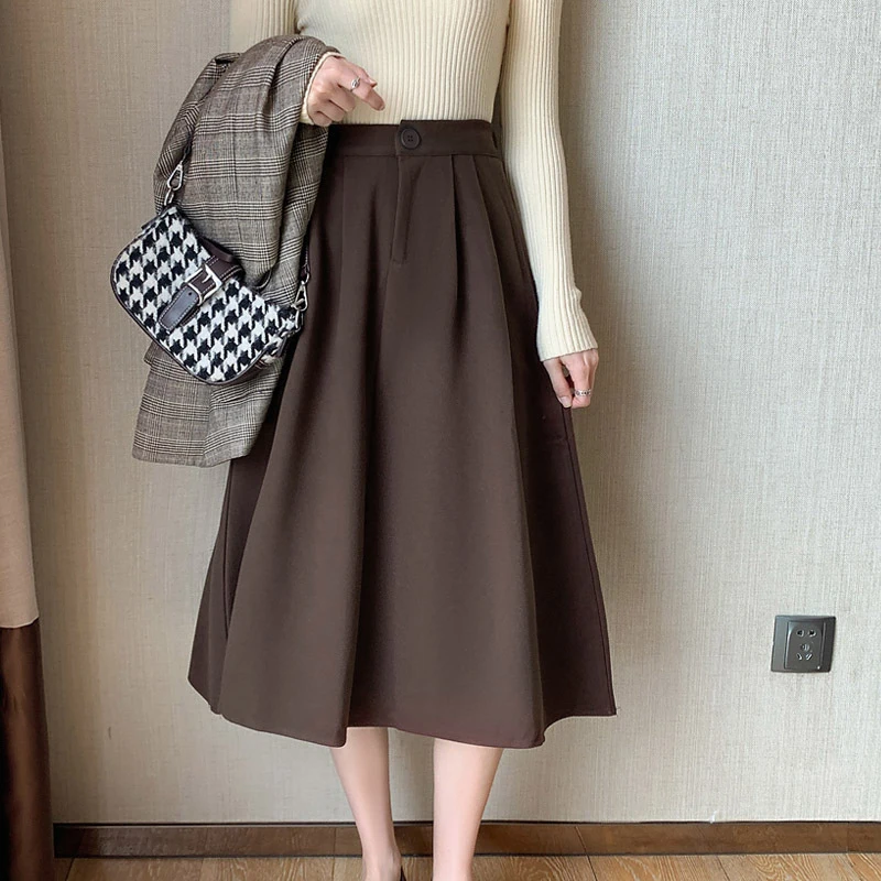 

A-line Loose Women's Skirt Spring Autumn 2022 New Fashion Korea High Waist Brown Medium Length Pleated Causal Female Skirts