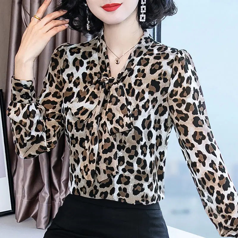 Женская блузка рубашка женская с длинным рукавом Осень Леопардовый принт