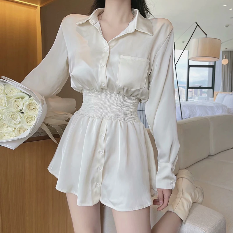 

Sexy White Mini Shirt Dress Women Korean One Piece Elegant Y2K Shirring Bodycon Dress Casual Sexy Evening Party Dress Autumn New
