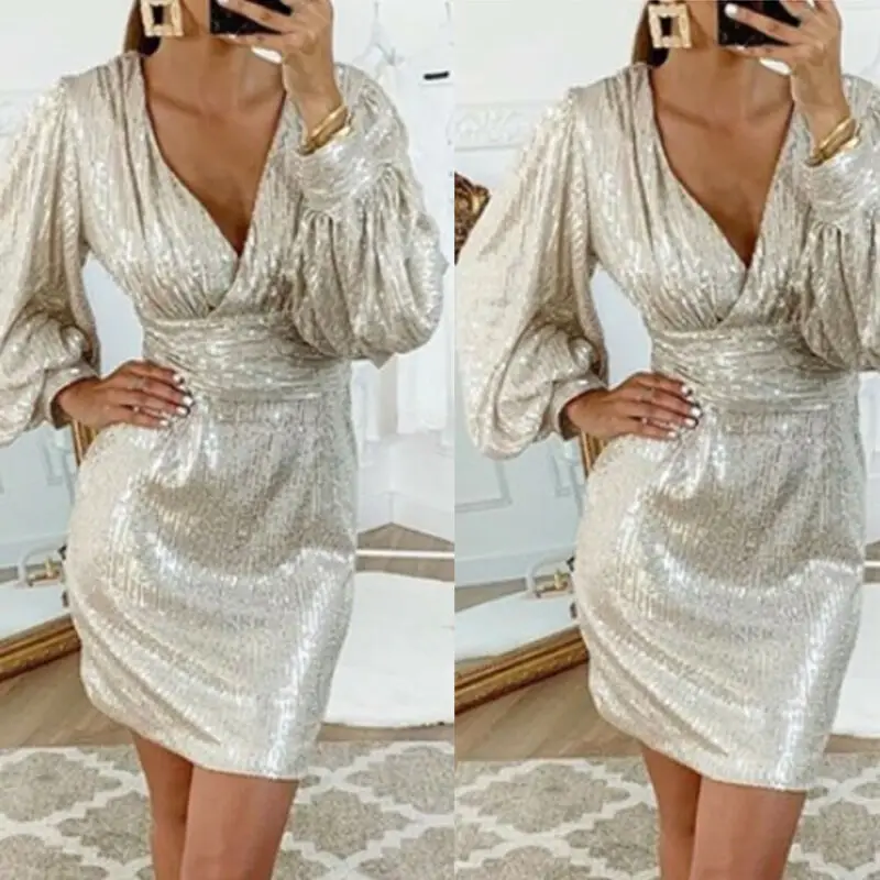 Женское повседневное платье с глубоким вырезом и длинным рукавом офисная одежда