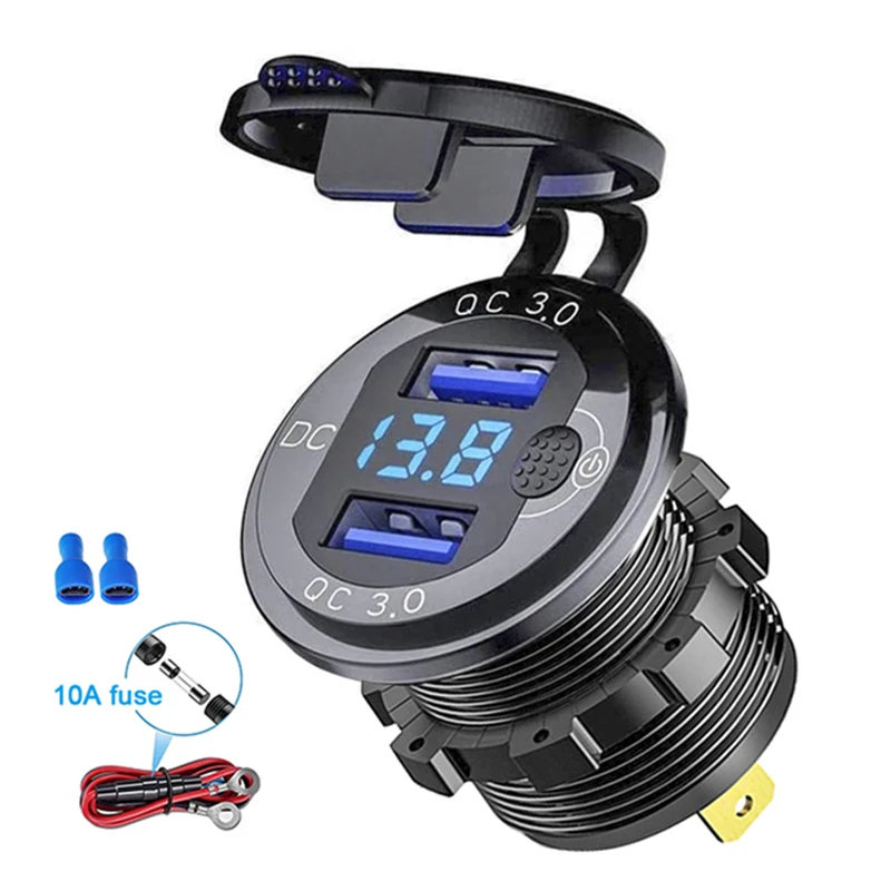 Quick Charge 3.0 36W Car Dual USB Charger QC3.0 Aluminiun Waterproof with Voltmeter Switch for 12V/24V Motorcycle Boat Marine RV |