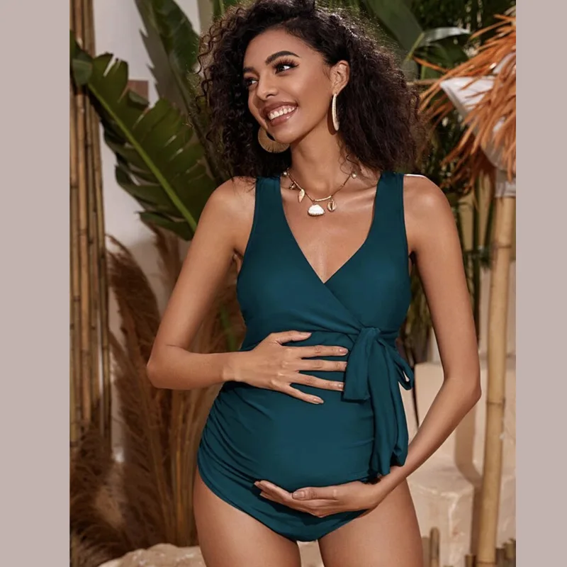 

Maternity One-piece Swimsuit Ladies Solid Color Halter Strap Swimsuit European And American Pregnant Women Belly Lift Bikini