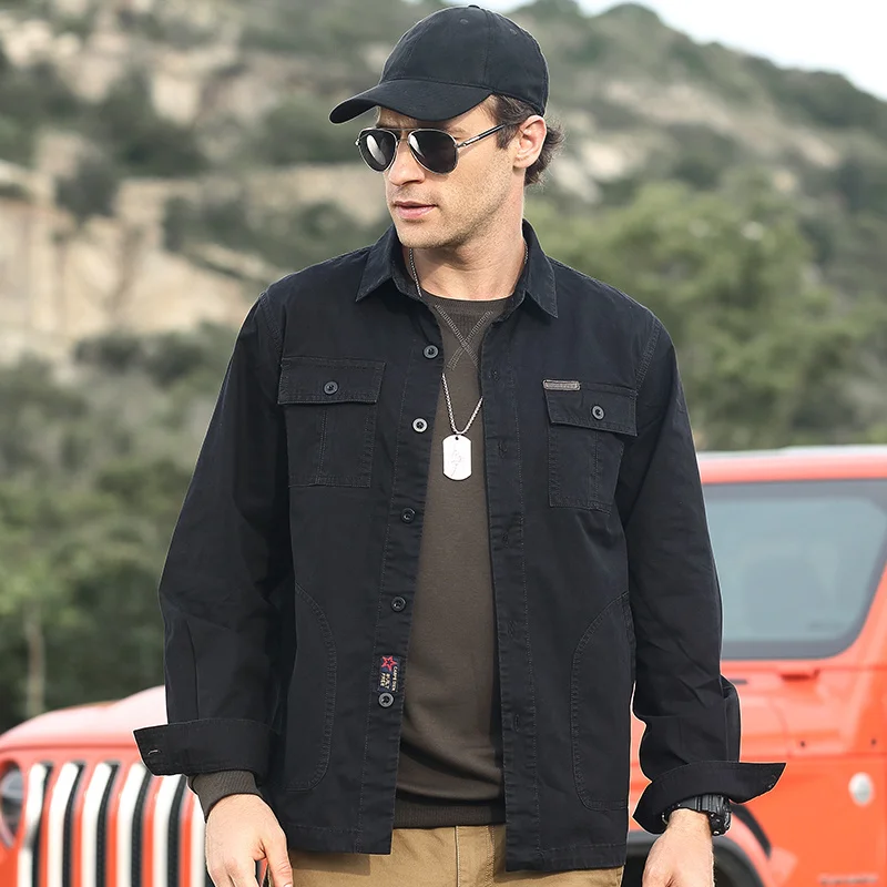 2021 Autumn New Tooling Long-sleeved Shirt Men's Loose Large Multi-pocket Pure Cotton Thin Multi-color Casual Top