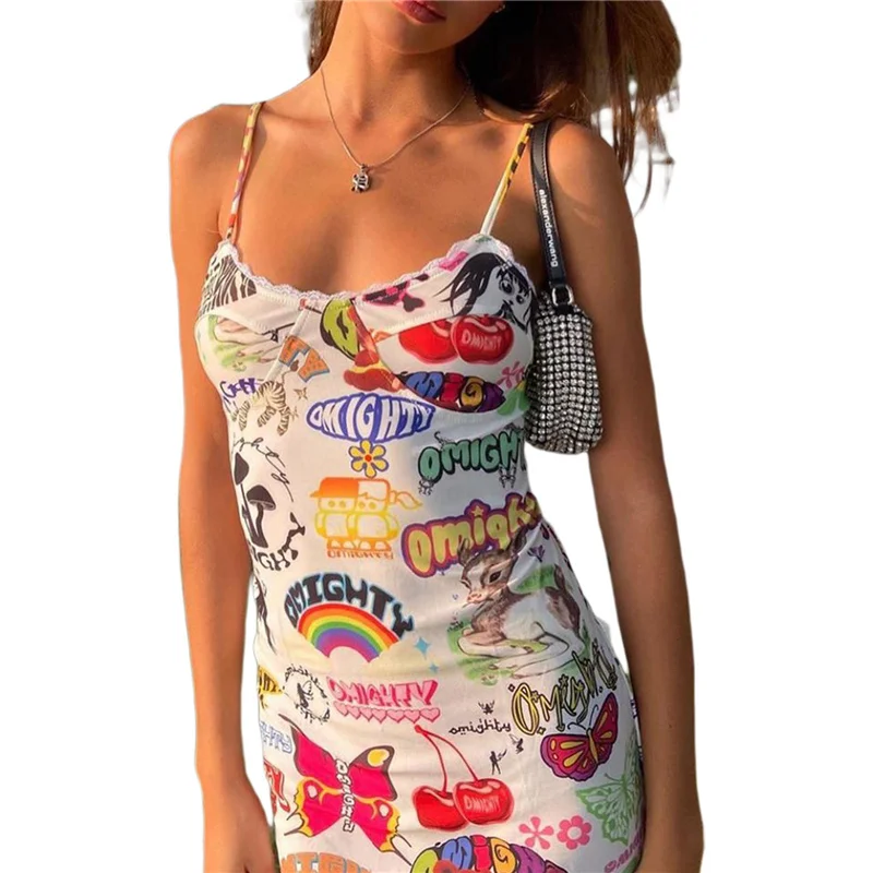 

Women’s Sexy Suspender Short Dress Fashion Childlike Fun Printing Flounce V-neck Backless Tight Dress