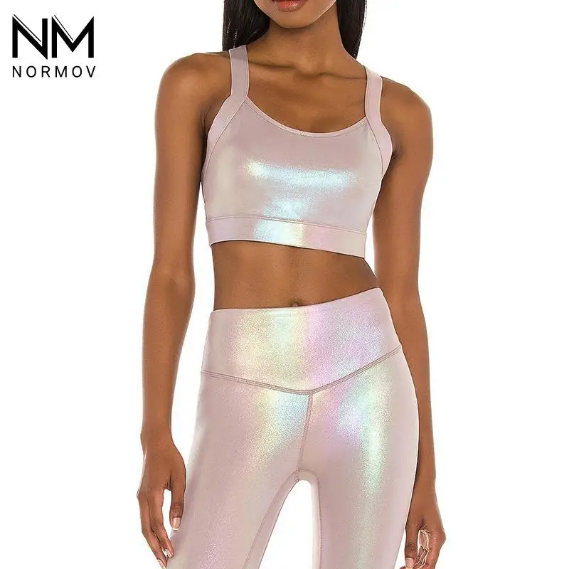 

NORMOV 2 шт. спортивный костюм с высокой талией для фитнеса блестящая Спортивная одежда для женщин для тренажерного зала облегающие тренировоч...