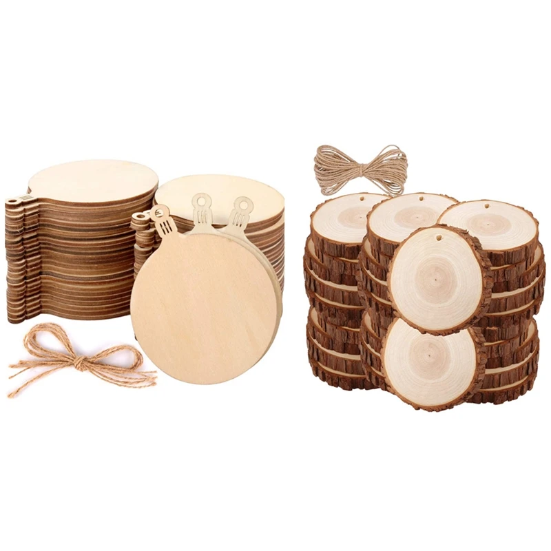 

100Pcs DIY Wooden Christmas Balls Craft Decoration Hanging Tag & 30Pcs Unfinished Wood Slices with Bark