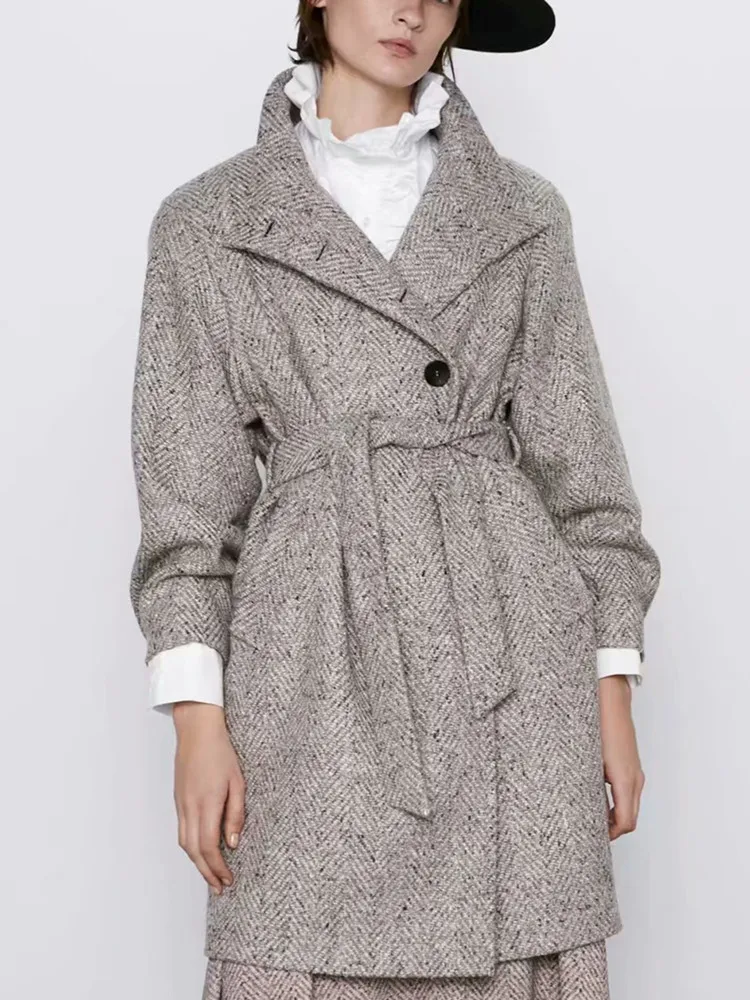 

PUWD Vintage Woman long Wool&Blends Coat 2020 Fashion Ladies Winter Adjustable Waist Jacket Female Turtleneck coats