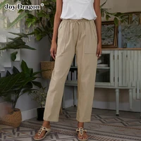 summer autumn 2021 woman high waist straight pants casual loose cotton and linen large pocket trousers ladies plus size pants