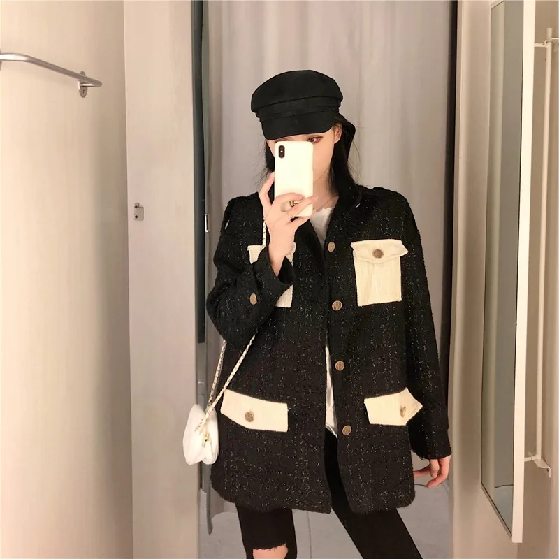 Стиль Liangsi контрастный цвет твид модная шерстяная куртка Женская Осенняя мода женская одежда магазин Модная элегантная Корея