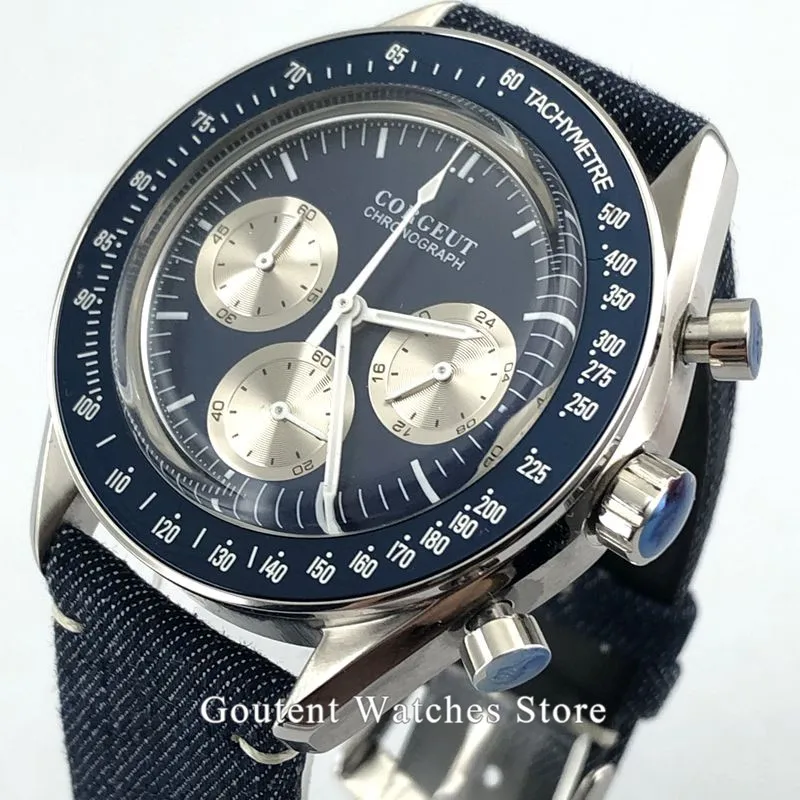 Corgeut кварцевые мужские часы синий циферблат ободок кожаный Хронограф с ремешком