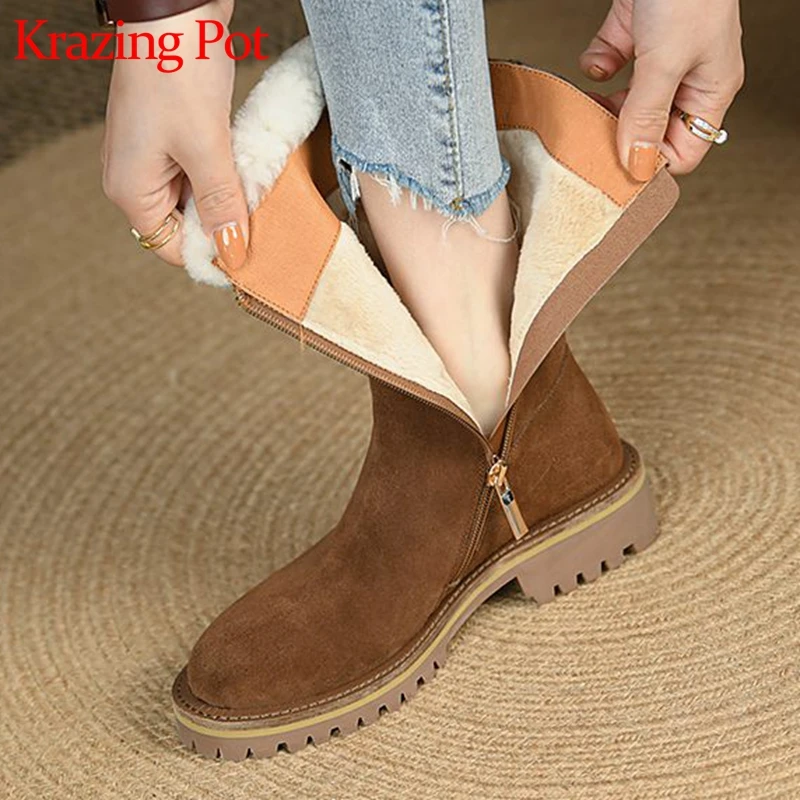 

Krazing pot Roman snow boots cow suede winter plush office lady round toe non-slip thick med heels handmade mid-calf boots l76