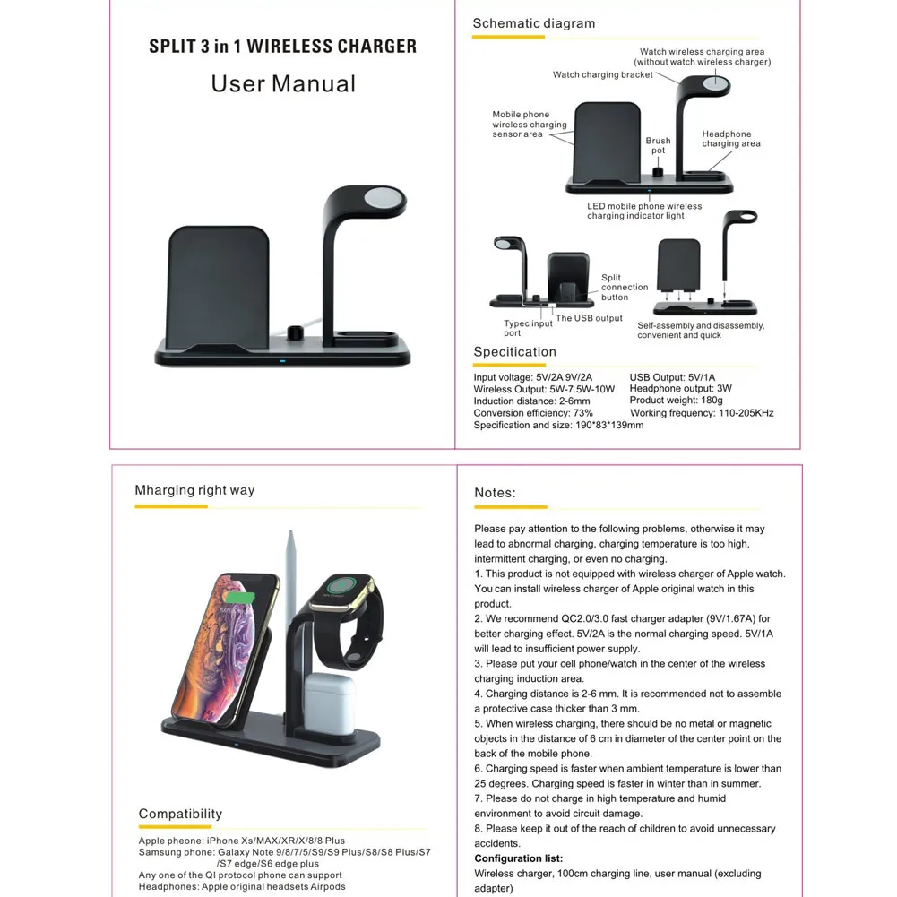 

3 In1 Qi Wireless Charger Dock Stand Station for Apple Watch 2/3 Airpods iPhone DJA99