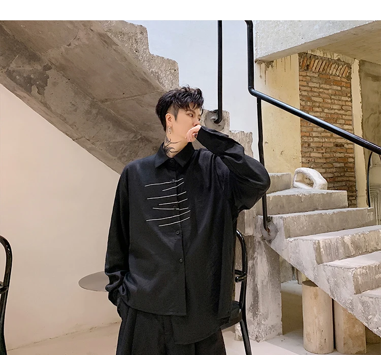 Men Long Sleeve Embroidery Irregular Casual Black White Shirt Male Streetwear Hip Hop Gothic Japan Dress Shirt