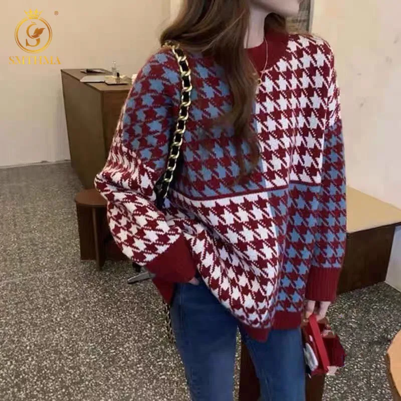 

Женский Повседневный пуловер с рисунком «гусиные лапки», свитер, Женский Новый Винтажный джемпер на осень и зиму, Женский вязаный Рождестве...